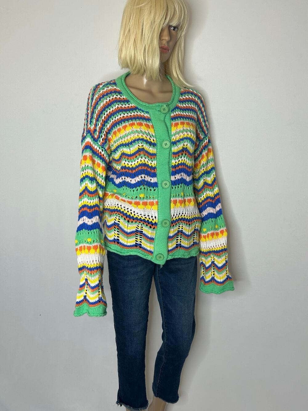 Women’s XL Multicolor Open Knit Cardigan Button Front Oversized Boho